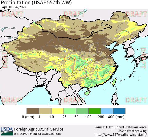 China, Mongolia and Taiwan Precipitation (USAF 557th WW) Thematic Map For 4/18/2022 - 4/24/2022