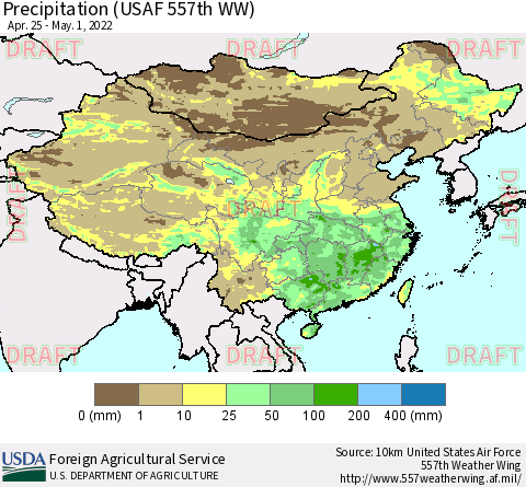 China, Mongolia and Taiwan Precipitation (USAF 557th WW) Thematic Map For 4/25/2022 - 5/1/2022