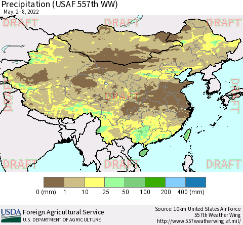 China, Mongolia and Taiwan Precipitation (USAF 557th WW) Thematic Map For 5/2/2022 - 5/8/2022