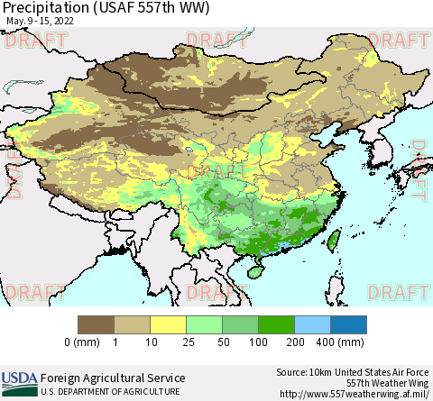 China, Mongolia and Taiwan Precipitation (USAF 557th WW) Thematic Map For 5/9/2022 - 5/15/2022