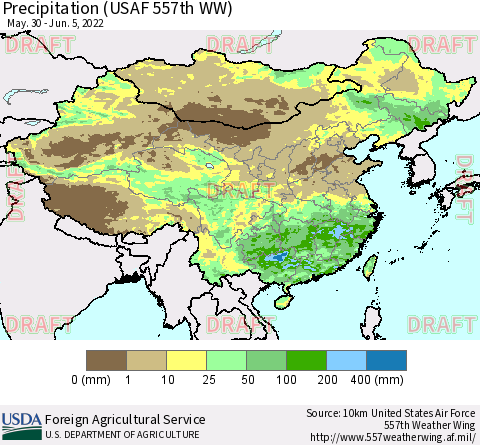 China, Mongolia and Taiwan Precipitation (USAF 557th WW) Thematic Map For 5/30/2022 - 6/5/2022