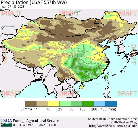 China, Mongolia and Taiwan Precipitation (USAF 557th WW) Thematic Map For 4/17/2023 - 4/23/2023