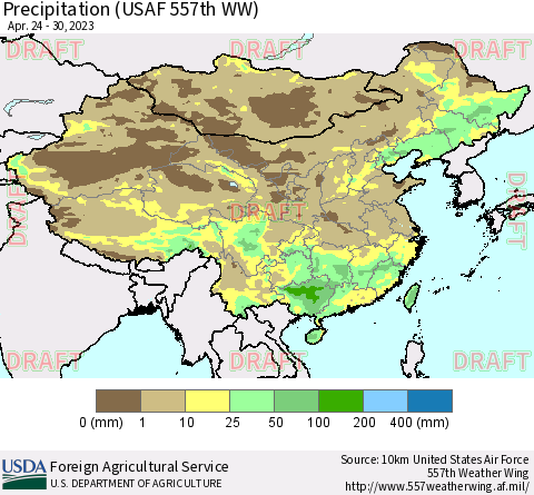 China, Mongolia and Taiwan Precipitation (USAF 557th WW) Thematic Map For 4/24/2023 - 4/30/2023