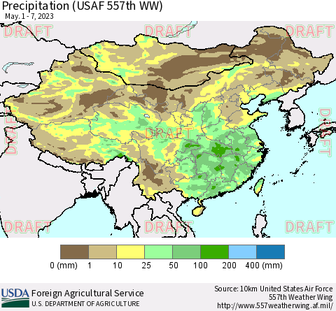 China, Mongolia and Taiwan Precipitation (USAF 557th WW) Thematic Map For 5/1/2023 - 5/7/2023