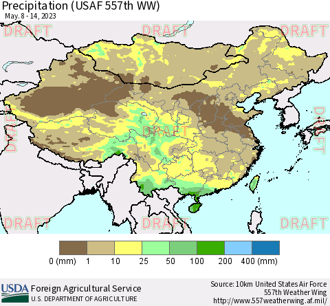 China, Mongolia and Taiwan Precipitation (USAF 557th WW) Thematic Map For 5/8/2023 - 5/14/2023