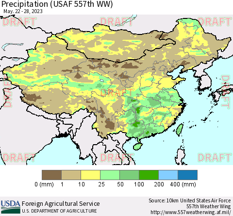 China, Mongolia and Taiwan Precipitation (USAF 557th WW) Thematic Map For 5/22/2023 - 5/28/2023