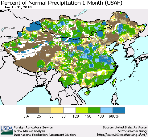 China, Mongolia and Taiwan Percent of Normal Precipitation 1-Month (USAF) Thematic Map For 1/1/2018 - 1/31/2018