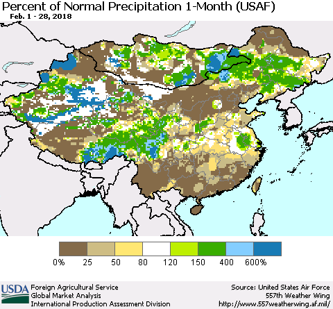 China, Mongolia and Taiwan Percent of Normal Precipitation 1-Month (USAF) Thematic Map For 2/1/2018 - 2/28/2018