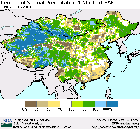 China, Mongolia and Taiwan Percent of Normal Precipitation 1-Month (USAF) Thematic Map For 3/1/2018 - 3/31/2018