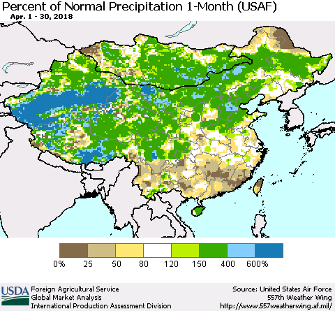 China, Mongolia and Taiwan Percent of Normal Precipitation 1-Month (USAF) Thematic Map For 4/1/2018 - 4/30/2018
