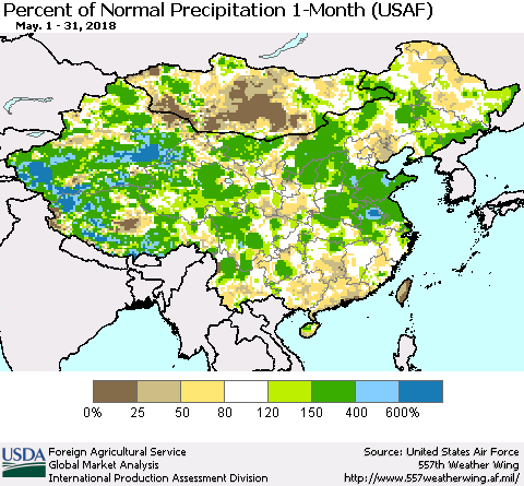 China, Mongolia and Taiwan Percent of Normal Precipitation 1-Month (USAF) Thematic Map For 5/1/2018 - 5/31/2018