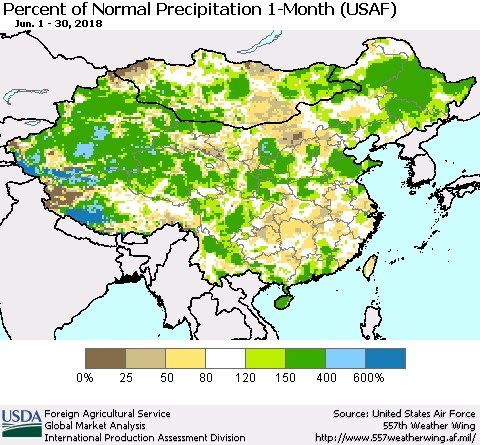 China, Mongolia and Taiwan Percent of Normal Precipitation 1-Month (USAF) Thematic Map For 6/1/2018 - 6/30/2018