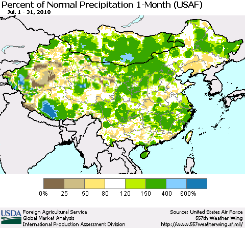 China, Mongolia and Taiwan Percent of Normal Precipitation 1-Month (USAF) Thematic Map For 7/1/2018 - 7/31/2018