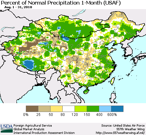 China, Mongolia and Taiwan Percent of Normal Precipitation 1-Month (USAF) Thematic Map For 8/1/2018 - 8/31/2018
