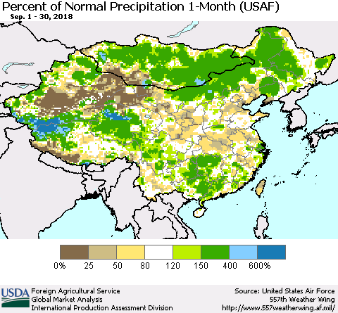 China, Mongolia and Taiwan Percent of Normal Precipitation 1-Month (USAF) Thematic Map For 9/1/2018 - 9/30/2018