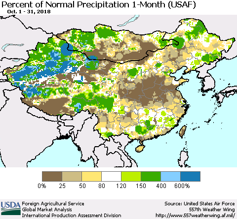 China, Mongolia and Taiwan Percent of Normal Precipitation 1-Month (USAF) Thematic Map For 10/1/2018 - 10/31/2018