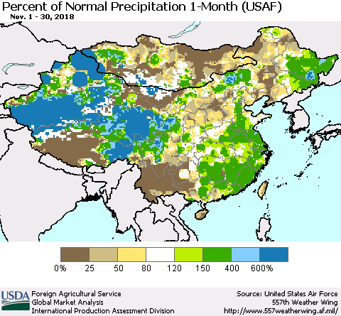 China, Mongolia and Taiwan Percent of Normal Precipitation 1-Month (USAF) Thematic Map For 11/1/2018 - 11/30/2018