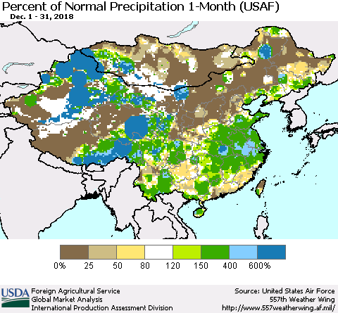 China, Mongolia and Taiwan Percent of Normal Precipitation 1-Month (USAF) Thematic Map For 12/1/2018 - 12/31/2018