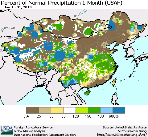 China, Mongolia and Taiwan Percent of Normal Precipitation 1-Month (USAF) Thematic Map For 1/1/2019 - 1/31/2019