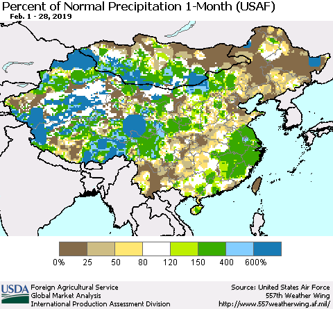 China, Mongolia and Taiwan Percent of Normal Precipitation 1-Month (USAF) Thematic Map For 2/1/2019 - 2/28/2019