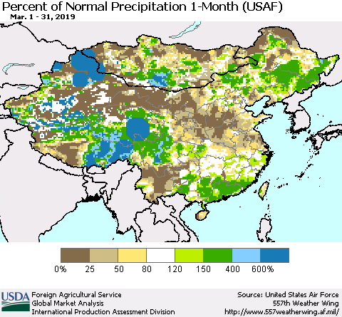China, Mongolia and Taiwan Percent of Normal Precipitation 1-Month (USAF) Thematic Map For 3/1/2019 - 3/31/2019