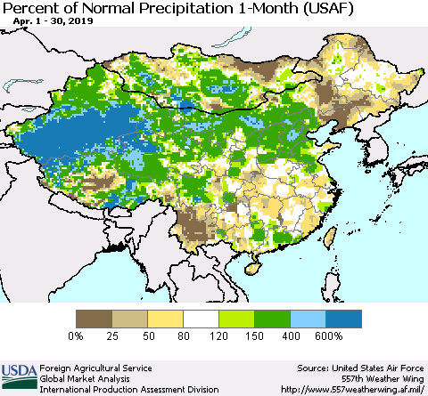China, Mongolia and Taiwan Percent of Normal Precipitation 1-Month (USAF) Thematic Map For 4/1/2019 - 4/30/2019