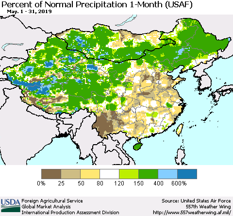 China, Mongolia and Taiwan Percent of Normal Precipitation 1-Month (USAF) Thematic Map For 5/1/2019 - 5/31/2019