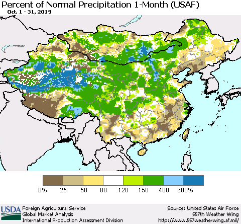 China and Taiwan Percent of Normal Precipitation 1-Month (USAF) Thematic Map For 10/1/2019 - 10/31/2019
