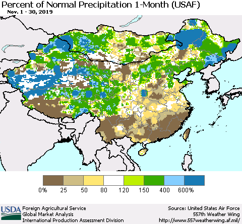 China and Taiwan Percent of Normal Precipitation 1-Month (USAF) Thematic Map For 11/1/2019 - 11/30/2019