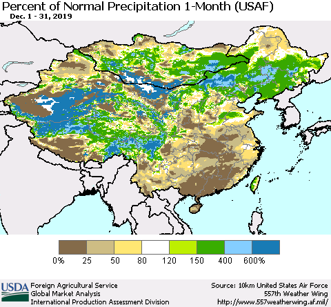 China and Taiwan Percent of Normal Precipitation 1-Month (USAF) Thematic Map For 12/1/2019 - 12/31/2019