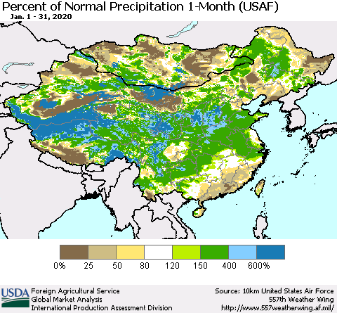 China and Taiwan Percent of Normal Precipitation 1-Month (USAF) Thematic Map For 1/1/2020 - 1/31/2020