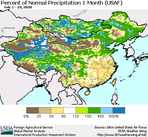 China and Taiwan Percent of Normal Precipitation 1-Month (USAF) Thematic Map For 2/1/2020 - 2/29/2020