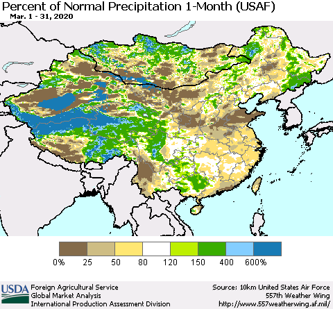 China and Taiwan Percent of Normal Precipitation 1-Month (USAF) Thematic Map For 3/1/2020 - 3/31/2020