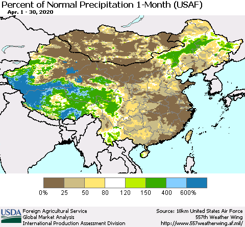 China and Taiwan Percent of Normal Precipitation 1-Month (USAF) Thematic Map For 4/1/2020 - 4/30/2020