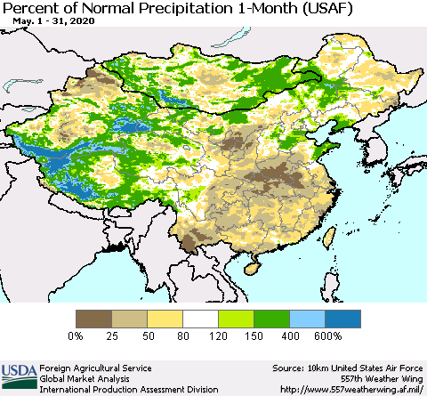 China, Mongolia and Taiwan Percent of Normal Precipitation 1-Month (USAF) Thematic Map For 5/1/2020 - 5/31/2020