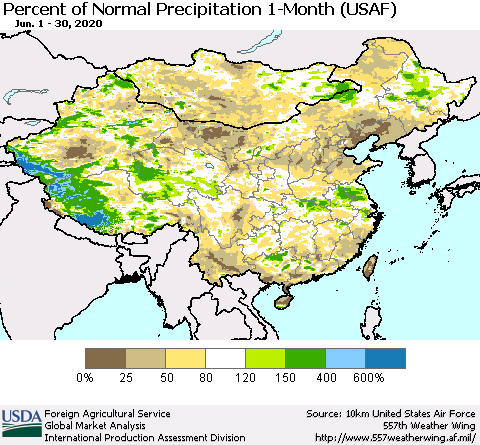 China and Taiwan Percent of Normal Precipitation 1-Month (USAF) Thematic Map For 6/1/2020 - 6/30/2020