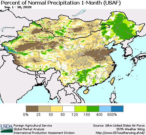 China and Taiwan Percent of Normal Precipitation 1-Month (USAF) Thematic Map For 9/1/2020 - 9/30/2020