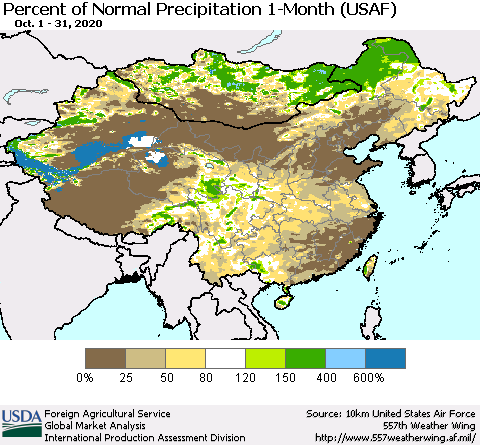 China and Taiwan Percent of Normal Precipitation 1-Month (USAF) Thematic Map For 10/1/2020 - 10/31/2020