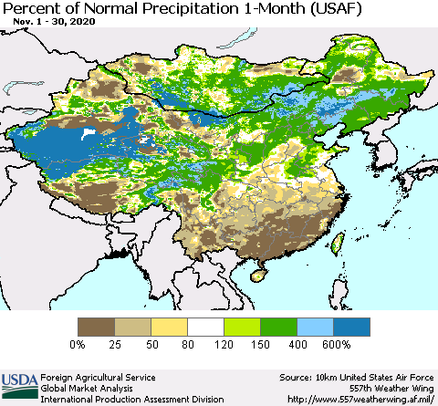 China and Taiwan Percent of Normal Precipitation 1-Month (USAF) Thematic Map For 11/1/2020 - 11/30/2020