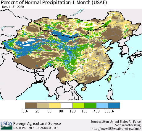 China and Taiwan Percent of Normal Precipitation 1-Month (USAF) Thematic Map For 12/1/2020 - 12/31/2020