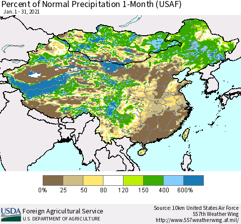 China and Taiwan Percent of Normal Precipitation 1-Month (USAF) Thematic Map For 1/1/2021 - 1/31/2021