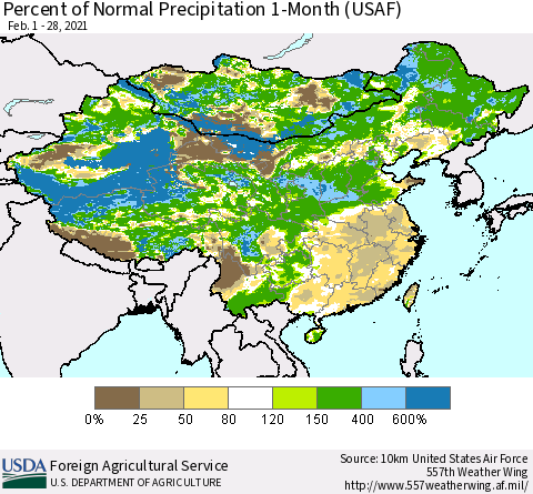 China and Taiwan Percent of Normal Precipitation 1-Month (USAF) Thematic Map For 2/1/2021 - 2/28/2021