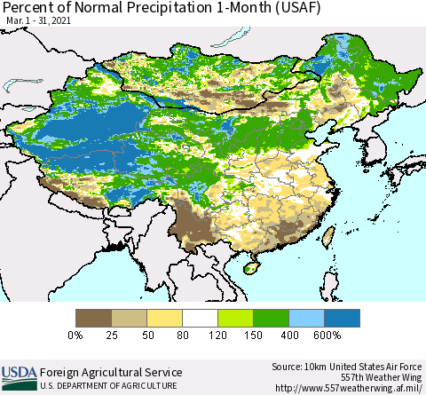 China, Mongolia and Taiwan Percent of Normal Precipitation 1-Month (USAF) Thematic Map For 3/1/2021 - 3/31/2021
