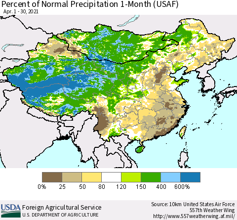 China and Taiwan Percent of Normal Precipitation 1-Month (USAF) Thematic Map For 4/1/2021 - 4/30/2021
