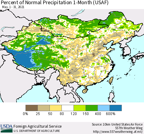 China and Taiwan Percent of Normal Precipitation 1-Month (USAF) Thematic Map For 5/1/2021 - 5/31/2021