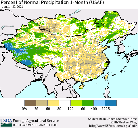 China and Taiwan Percent of Normal Precipitation 1-Month (USAF) Thematic Map For 6/1/2021 - 6/30/2021