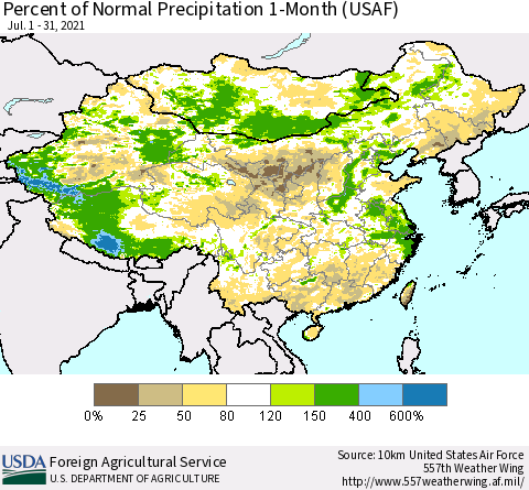 China, Mongolia and Taiwan Percent of Normal Precipitation 1-Month (USAF) Thematic Map For 7/1/2021 - 7/31/2021