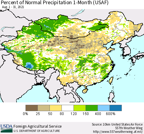 China, Mongolia and Taiwan Percent of Normal Precipitation 1-Month (USAF) Thematic Map For 8/1/2021 - 8/31/2021