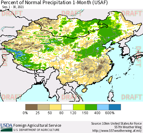 China, Mongolia and Taiwan Percent of Normal Precipitation 1-Month (USAF) Thematic Map For 9/1/2021 - 9/30/2021