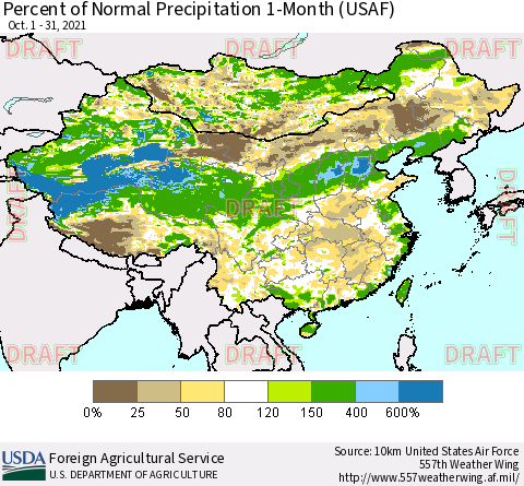 China, Mongolia and Taiwan Percent of Normal Precipitation 1-Month (USAF) Thematic Map For 10/1/2021 - 10/31/2021